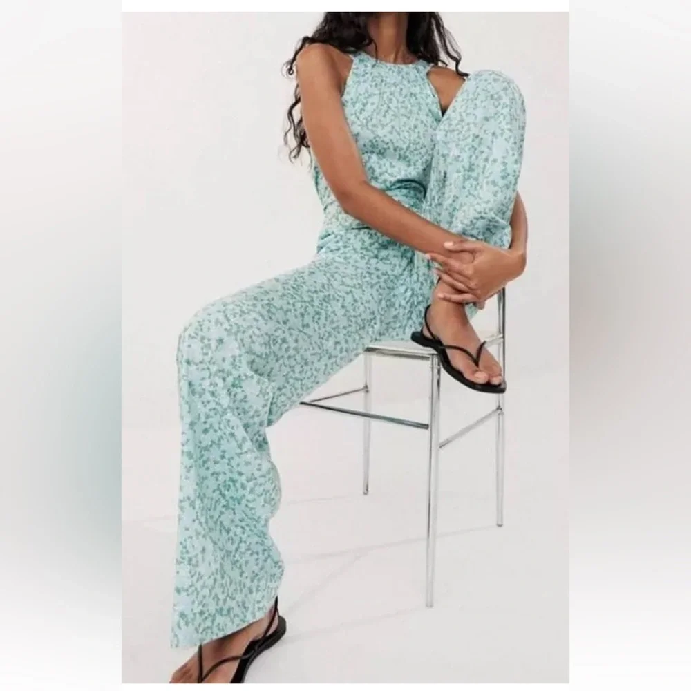 ZARA NECKHOLDER OVERALL LINEN BLEND FLORAL FLOWERS GREEN JUMPSUIT Size XS